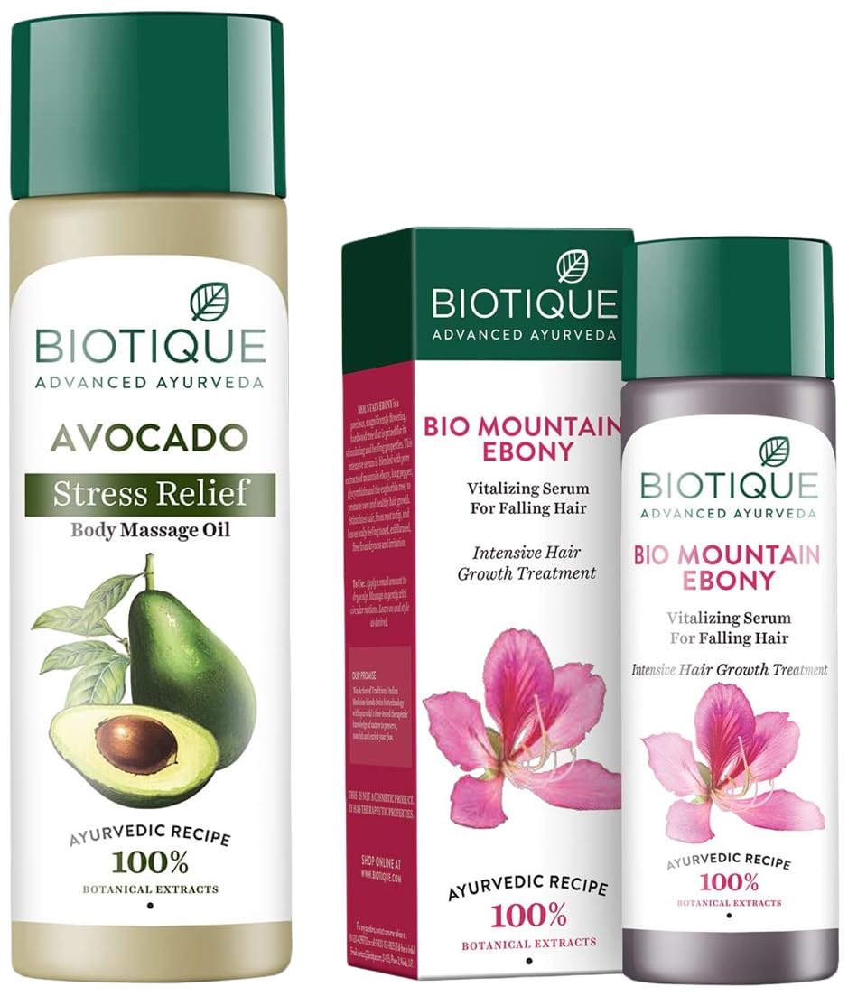 Biotique Bio Mountain Ebony Vitalizing Serum For Falling Hair Intensive Hair Growth Treatment, 120ml & Cado Avocado Stress Relief Body Massage Oil, 200ml