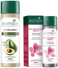 Biotique Bio Mountain Ebony Vitalizing Serum For Falling Hair Intensive Hair Growth Treatment, 120ml & Cado Avocado Stress Relief Body Massage Oil, 200ml
