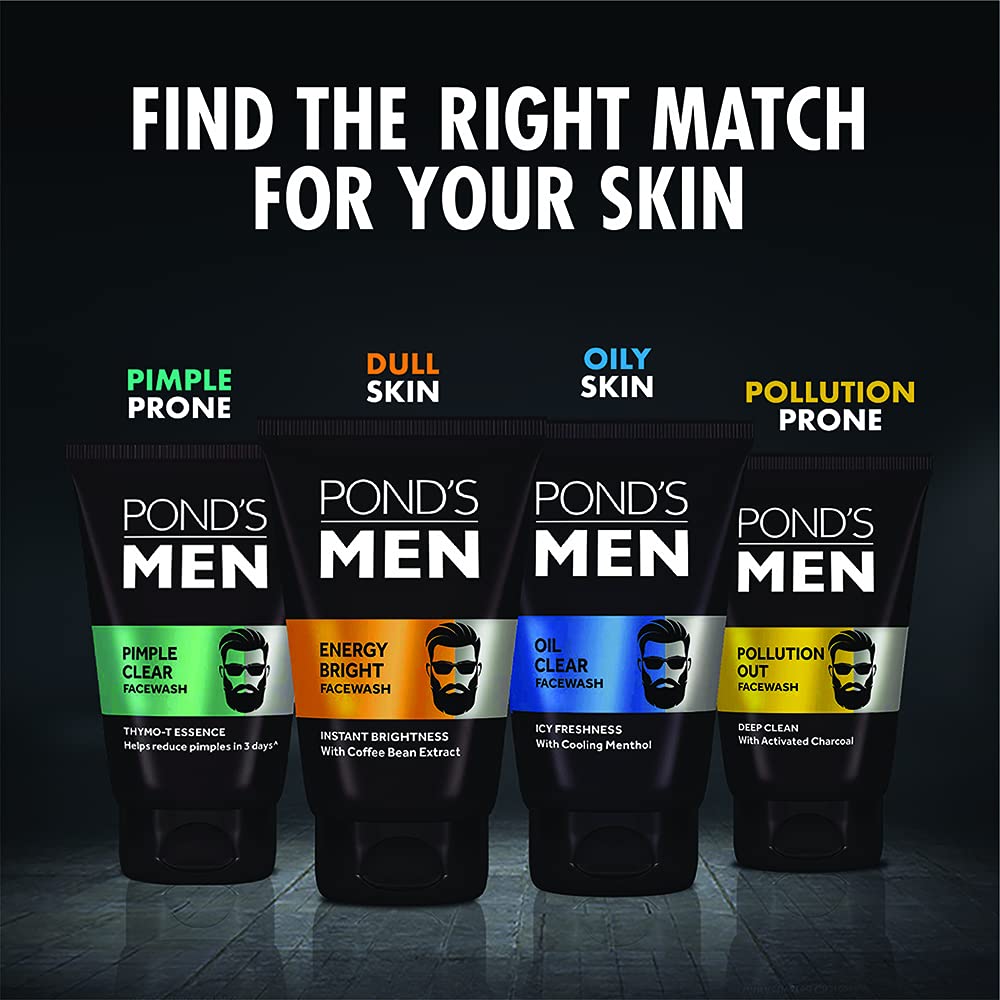 POND'S Men, Energy Bright Facewash, 100g, for Instant Brightness, with Coffee Bean Extract & Menthol, Anti-Dullness & Brightening Face Wash, Specially Developed for Men
