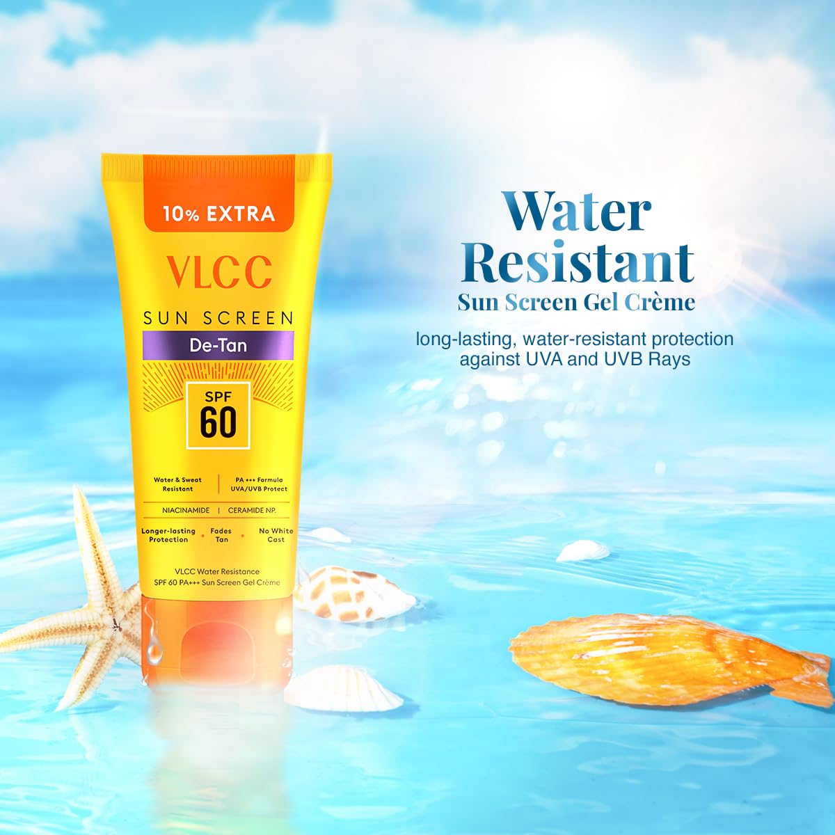 VLCC De-Tan Water Resistant SPF 60 PA+++ Sunscreen Gel Crème - 100g + 10g Extra | With Niacinamide, Ceramides & Vitamin E | Protects from UVA, UVB Rays, Sun Damage, Skin Darkening and Premature Ageing