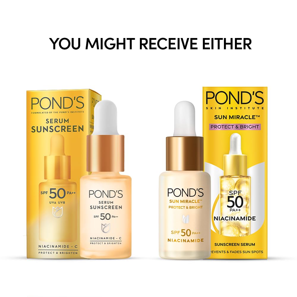 Ponds Sun Miracle SPF 50 PA++ Sunscreen Serum - Protect & Bright, With 1.25% Niacinamide, Prevent & Fade Dark Spots, Lightweight, No White Cast 14ml