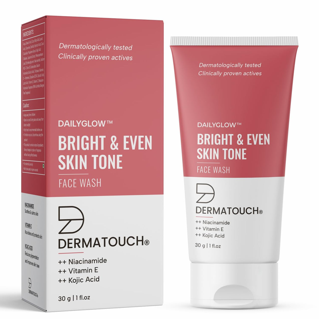 DERMATOUCH Bright & Even Tone Face Wash with Niacinamide, Vitamin E and Kojic Acid | Daily Gentle Face Wash For Tan, Pigmentation, Uneven Tone - 30G