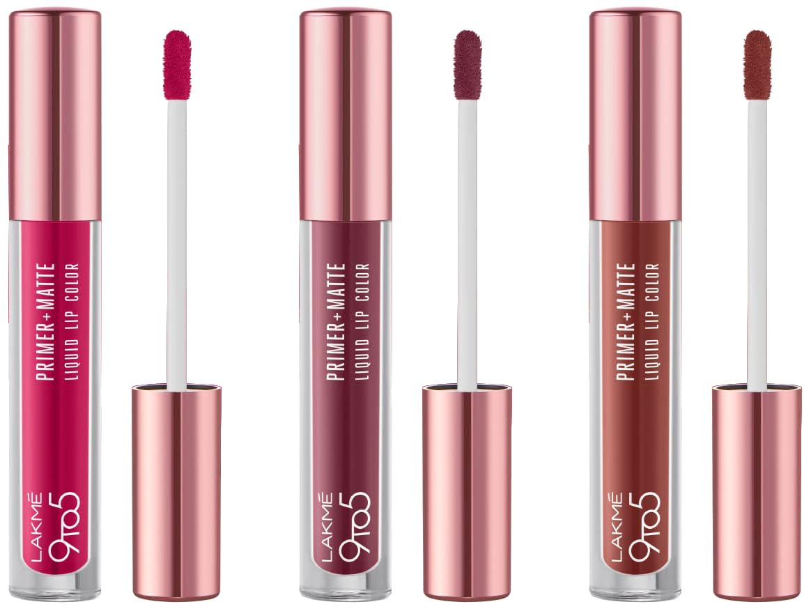 Lakmé 9to5 Primer + Matte Liquid Lip Color - Edgy Mauve, Intense Latte, Power Pink