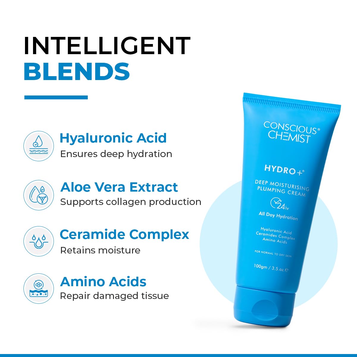 Conscious Chemist Hyaluronic Acid Moisturizer | 100g | Moisturizer for Dry Skin Face, Ceramide Moisturizer, Face Cream for Men & Women, Treat Dull, Dehydrated Skin, For Normal to Dry Skin - Hydro+
