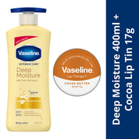 Vaseline Deep Moisture Lotion, 400ml with Vaseline Cocoa Lip Tin, 17g for Moisturized Skin & Healthy Lips