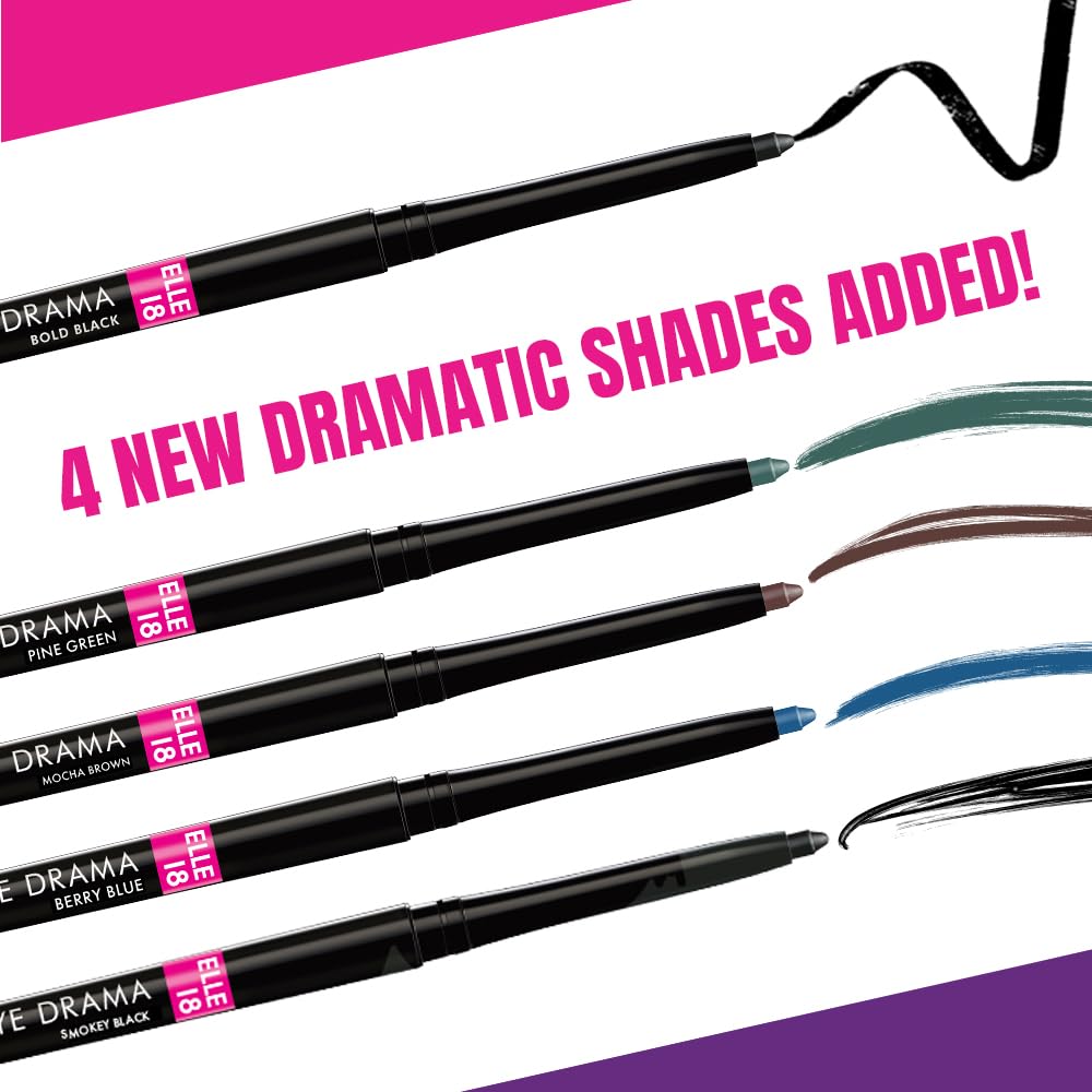 Elle 18 Eye Drama Kajal, Matte Finish, Super Black, Smudgeproof & Waterproof, 0.35 G