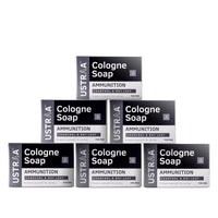 Ustraa Ammunition Cologne Soap with Charcoal & Bay Leaf, 6 x 125 gm (Pack of 6) | Clear, dirt-free skin with Activated Charcoal | Soap with Fragrance of Cologne