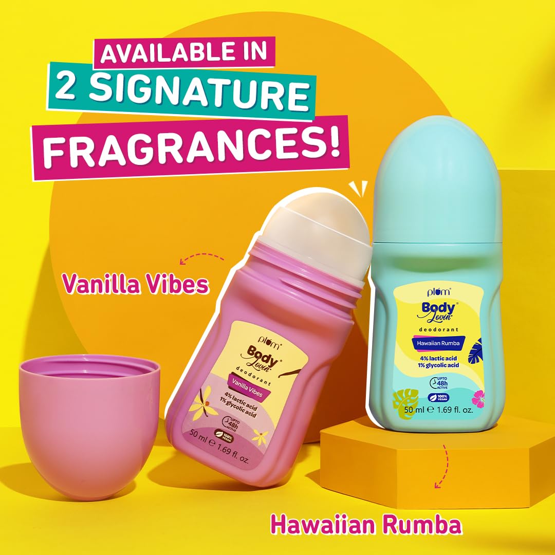 Plum BodyLovin' Hawaiian Rumba Deodorant Roll On | 4% Lactic Acid & 1% Glycolic Acid | Controls Odor & Fades Underarm Darkness | 48 Hr Freshness | Fresh Beachy Fragrance | Aluminium-Free (50 ml)