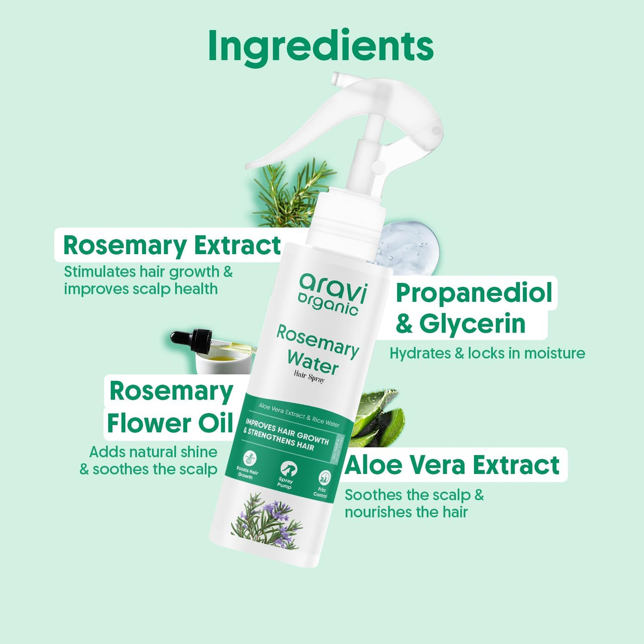 Aravi Organic Rosemary Water Hair Spray For Hair Growth - Reducing Hair Fall, Strengthens Hair & Breakage - Promotes Healthy Follicles and Thicker Hair - For Men & Women - Fragrance Free -100 ml