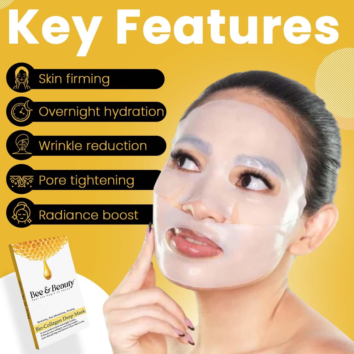 Bee & Beauty Bio Collagen Overnight Mask Pack of 1 | Korean Face Mask For Glass Skin | Sheet Mask For Deep Hydration, Pore minizmizing With Goodness Of Honey