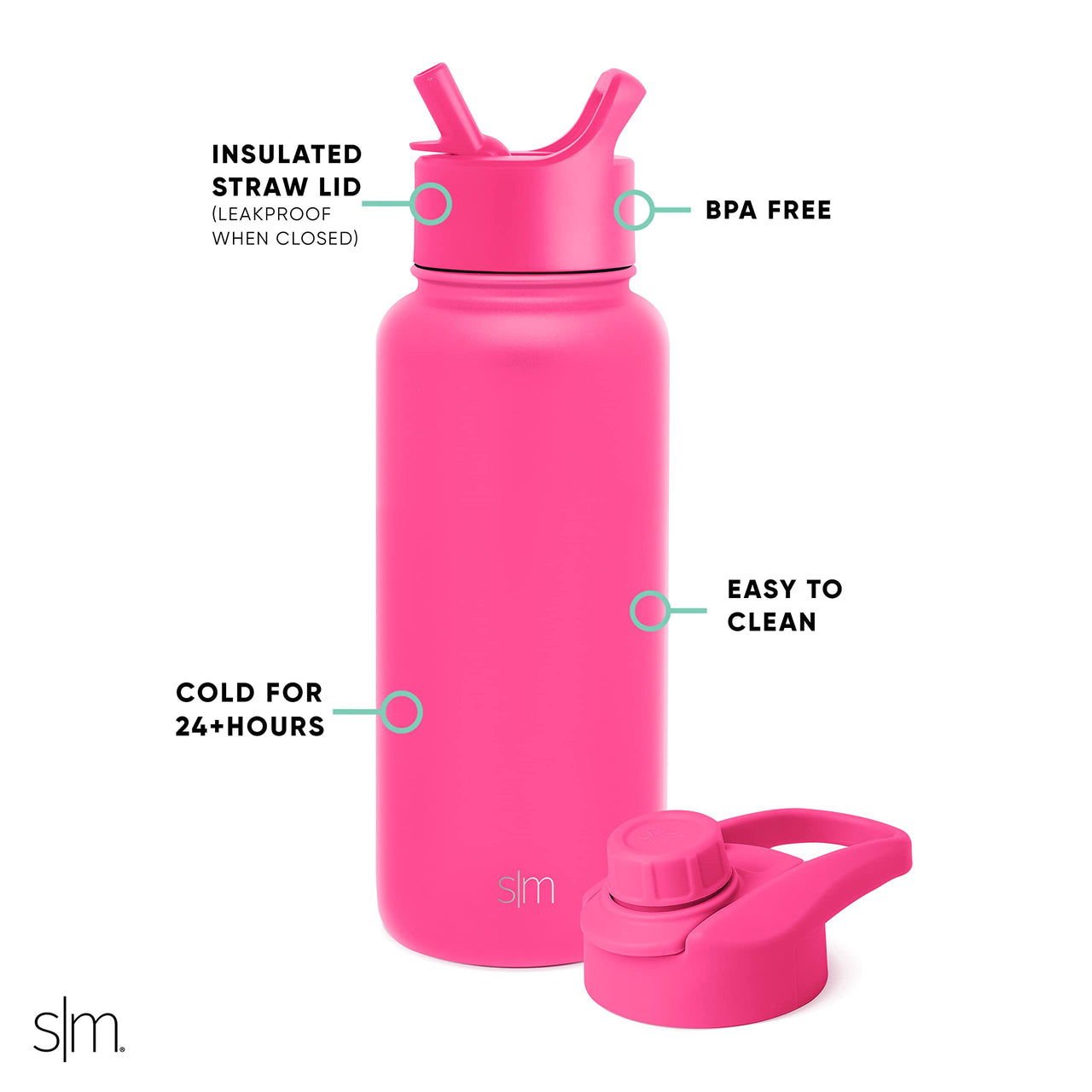 Simple Modern Water Bottle with Straw and Chug Lid Vacuum Insulated Stainless Steel Metal Thermos | Reusable Leak Proof BPA-Free Flask for Sports | Summit Collection | 32oz, Raspberry Vibes