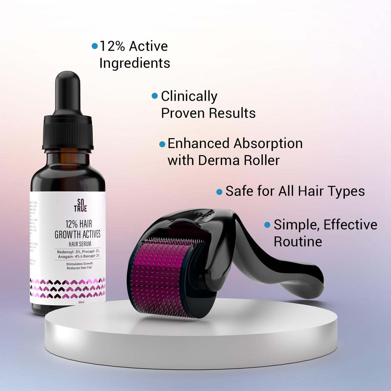 Sotrue Derma Roller 0.5mm with Hair Growth Serum 30ml | 540 Stainless Steel Needles | Derma Roller for Hair Growth & Thickening, Repair Damages with 12% Growth Actives (Black)