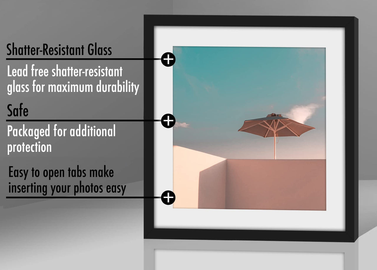 Americanflat 10x10 Picture Frame in Black - Use as 8x8 Picture Frame with Mat or 10x10 Frame Without Mat - Thin Border Square Picture Frame, Shatter-Resistant Glass, and Easel for Wall or Tabletop