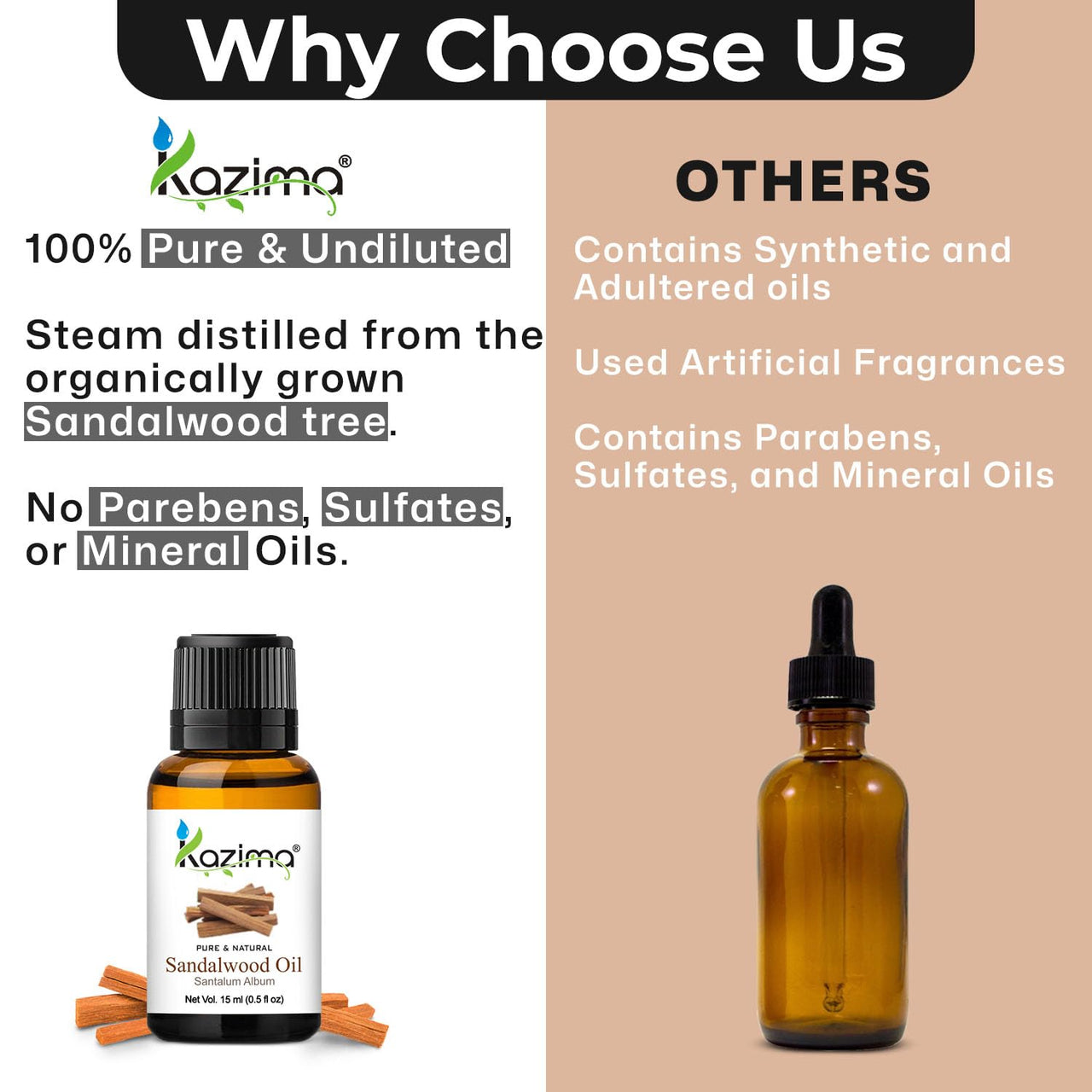 KAZIMA Sandalwood Oil for Skin, Face & Aromatherapy | Pure & Natural Sandalwood Essential Oil (Chandan Oil) for Stress Relief & Relaxation | Sandalwood Oil for Diffuser & Pooja | 15 ml