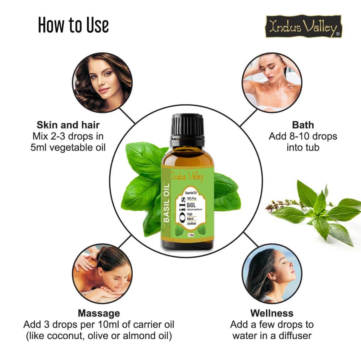 Indus Valley 100% Pure Natural & Organic, Undiluted Basil Essential Oil with Glass Dropper for Skin, Hair Care -15ml