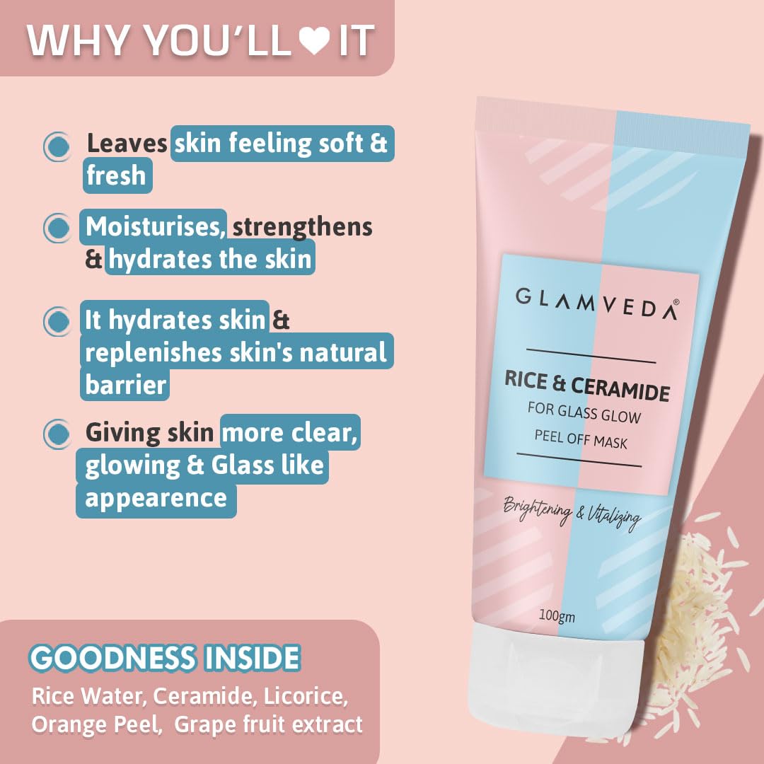Glamveda Rice & Ceramide Combo Gift Pack | Skin Brightening & Anti Dullness | Face Wash, Facial Kit & Peel Off Mask | SLS, Paraben Free