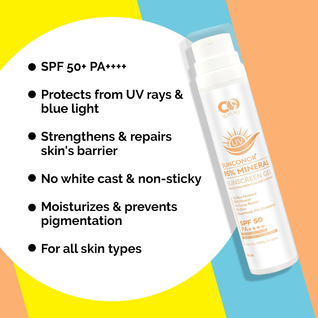 CO LUXURY SPF 50 PA++++ 95% Mineral Sunscreen | Water Resistant Upto 8 hours | Non-greasy | Lightweight | No White Cast | Broad spectrum | Dermatologist Prescribed | For Sensitive skin |50gm