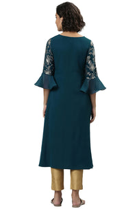 Janasya Women's  Teal Ethnic Motifs Crepe Kurta S