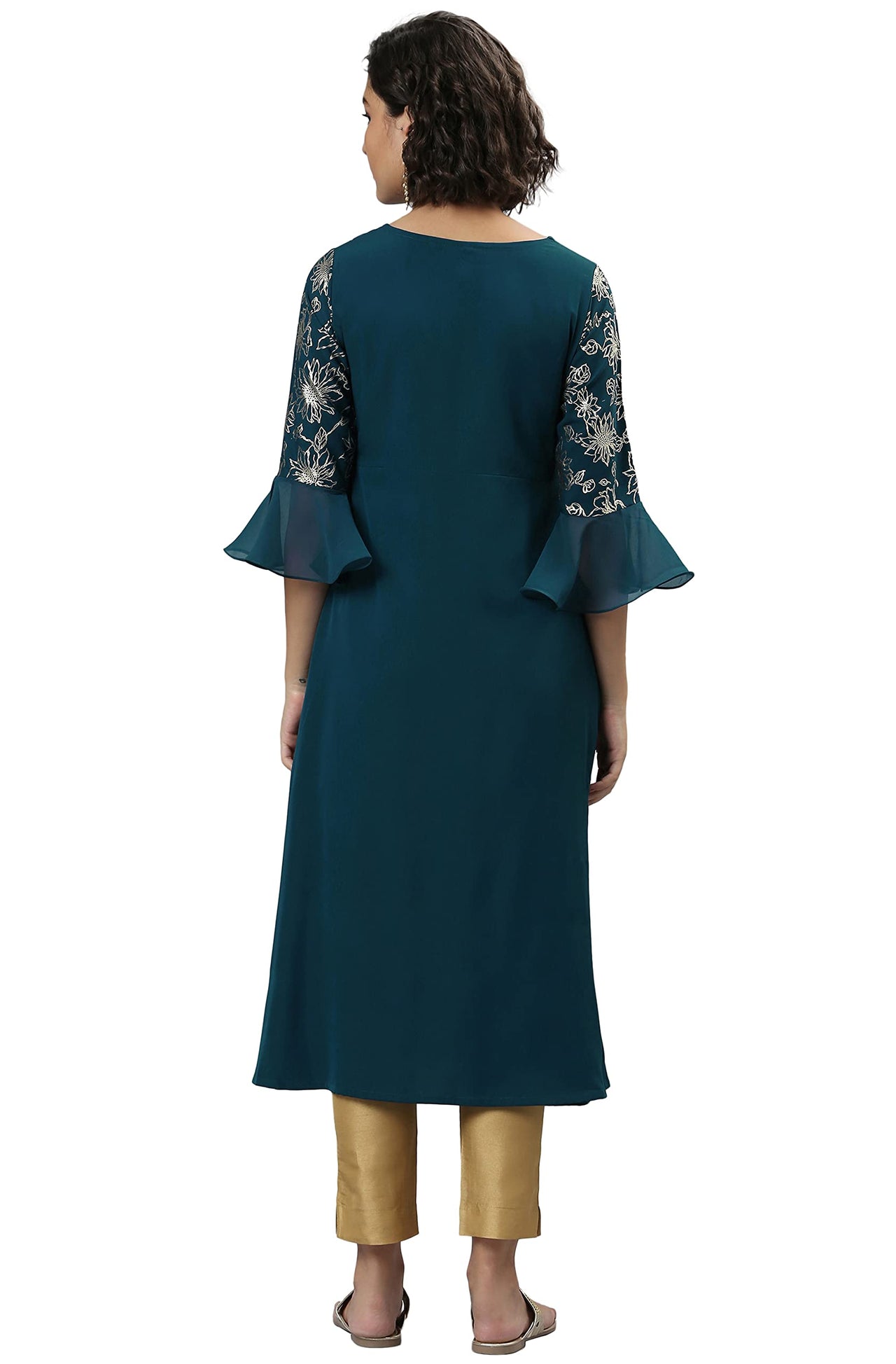 Janasya Women's  Teal Ethnic Motifs Crepe Kurta S