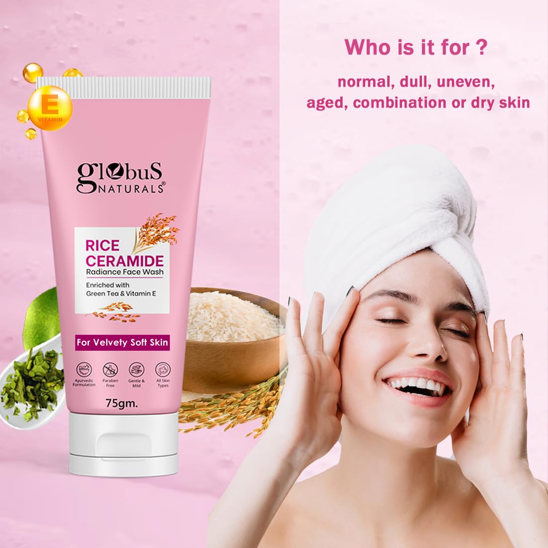 Globus Naturals Rice Ceramide Korean Velvety Skin Face Wash | Improves skin barrier| Ayurvedic Preparation| Paraben Free, Gentle & Mild| Suitable For All Skin Types, 75 gm