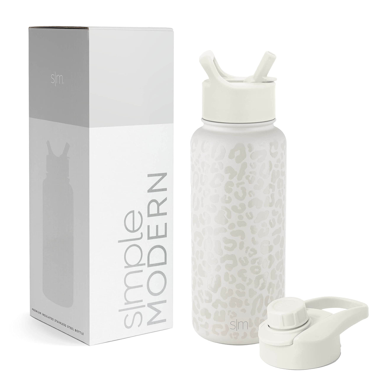 Simple Modern Water Bottle with Straw and Chug Lid Vacuum Insulated Stainless Steel Metal Thermos Bottles | Reusable Leak Proof BPA-Free Flask for Sports Gym | Summit Collection | 32oz, Cream Leopard Pattern: Cream Leopard 32oz (2 Lids)