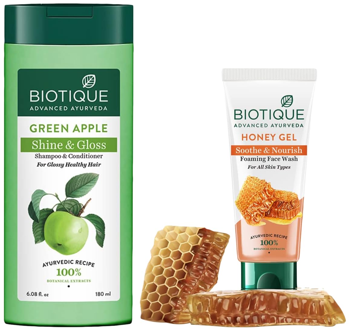 Biotique Bio Green Apple Fresh Daily Purifying Shampoo and Conditioner for Oily Scalp and Hair, 180m And Biotique Bio Honey Gel Face Wash for All Skin Types, 100ml