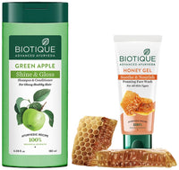 Biotique Bio Green Apple Fresh Daily Purifying Shampoo and Conditioner for Oily Scalp and Hair, 180m And Biotique Bio Honey Gel Face Wash for All Skin Types, 100ml