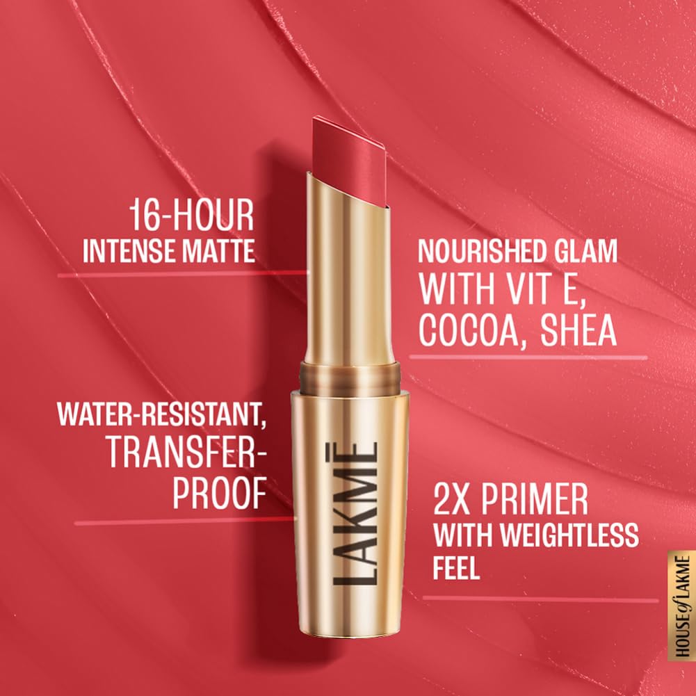 Lakmé 9To5 Powerplay Priming Matte Lipstick, Lasts 16Hrs, Peachy Affair, 3.6G