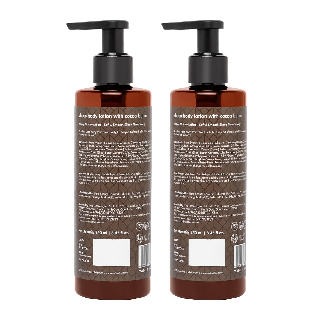 mCaffeine Deep Moisturizing Choco Body Lotion for Dry Skin (Pack of 2) | All Season Moisturizer for Body with Cocoa Butter & Shea Butter | Non-Sticky Body Lotion for Women & Men (500ml)