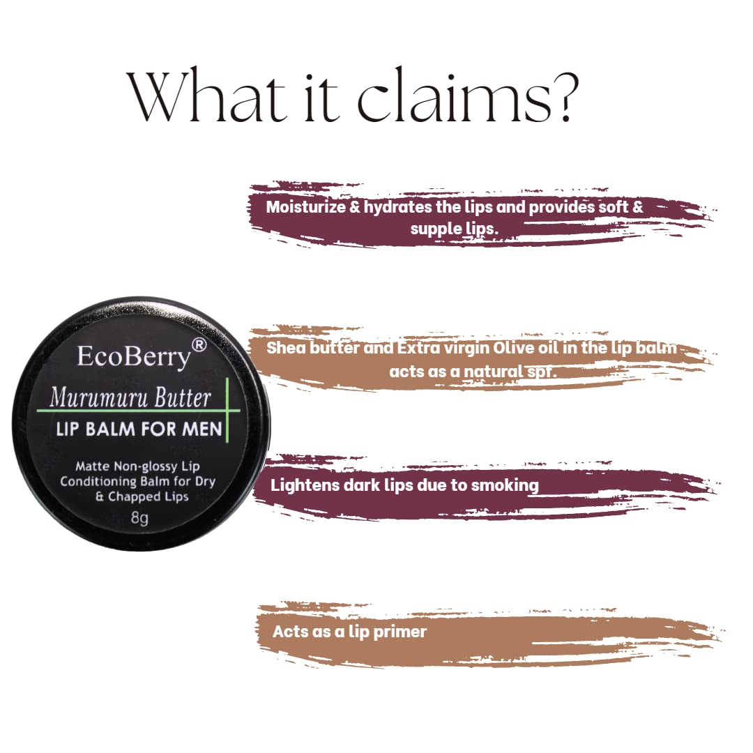 EcoBerry Murumuru Butter Lip Balm For Men Dry, Chapped Lips, Non-shiny Moisturizing, Conditioning, Natural SPF Enriched with Cocoa butter & Vitamin E, Mineral Oil Free, Preservative Free, Veg