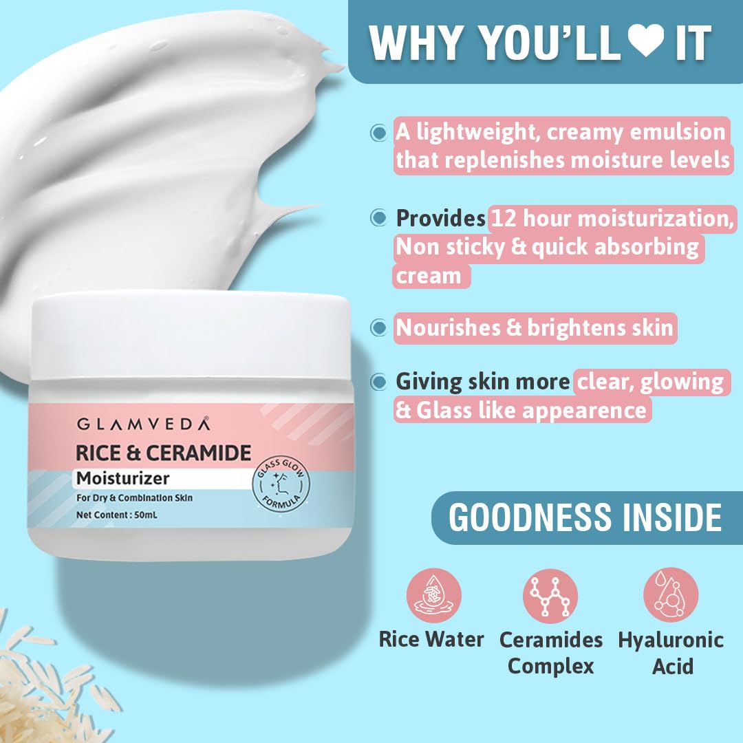 Glamveda Korean Glass Skin Combo | Rice Face Wash & Rice Moisturizer | Skin Brightening, Hydrate, Glowing & Evens Skin Tone | For Dry & Sensitive Skin Types | Men & Women | Dermatologist Tested