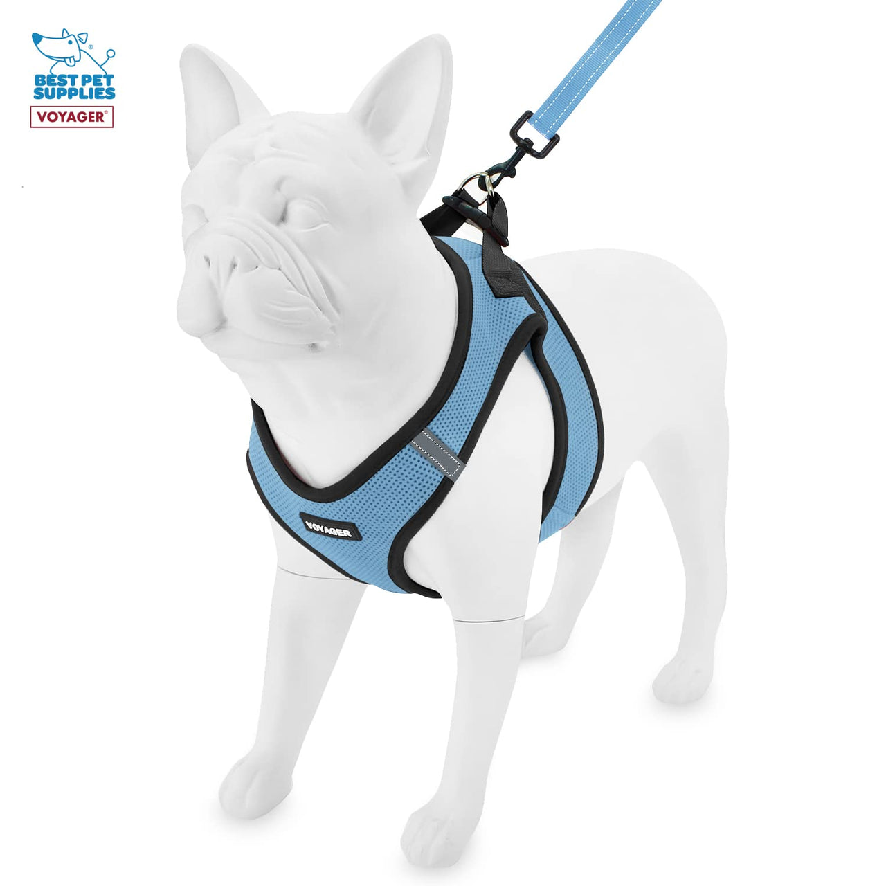 Voyager Step-in Air All Weather Mesh Harness and Reflective Dog 5 ft Leash Combo with Neoprene Handle, for Small, Medium and Large Breed Puppies by Best Pet Supplies - Baby Blue/Black Trim, XX-Small Harness Leash Bundle (Baby Blue/Black Trim)