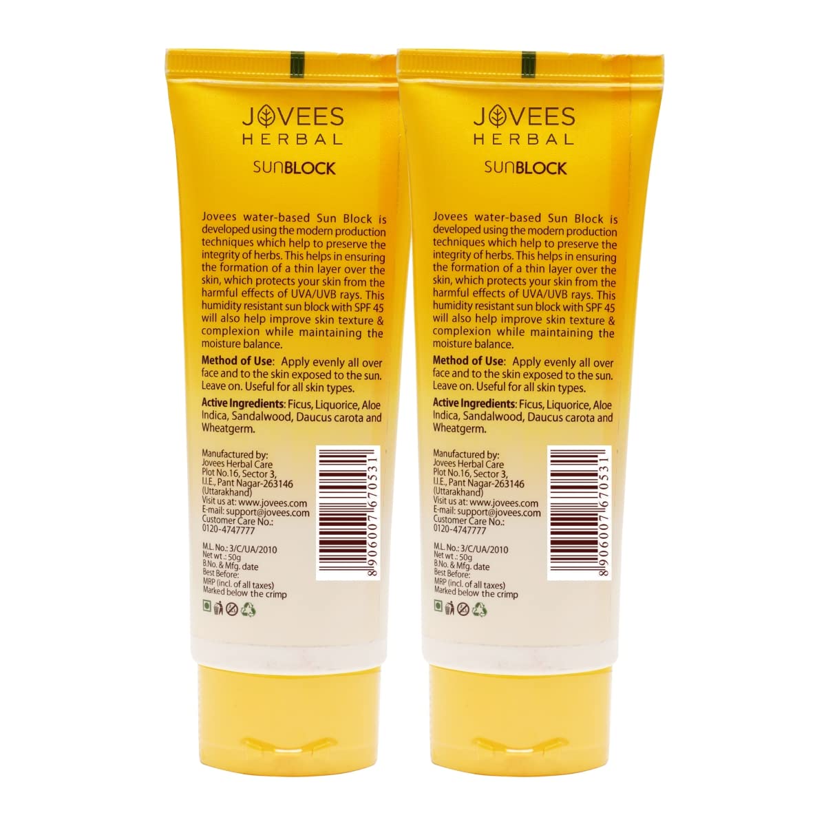 Jovees Herbal Sun Block SPF 45 For Even Toned & Glowing Skin | Suitable For Dry Skin | Sunscreen for UVA/UVB & Blue Light Protection | Lightweight & Non Grassy for Men & Women 50g (Pack of 2)