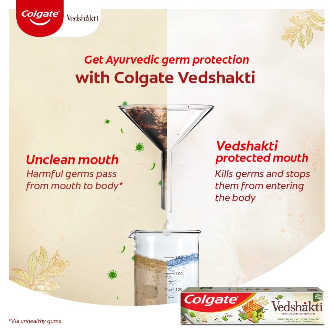 Colgate Vedshakti Toothpaste, Anti-Bacterial Tooth Paste for Whole Mouth Health and Fresh Breath, With Neem, Clove, and Honey, 400g, 200g X 2 (Combo Pack Offer)