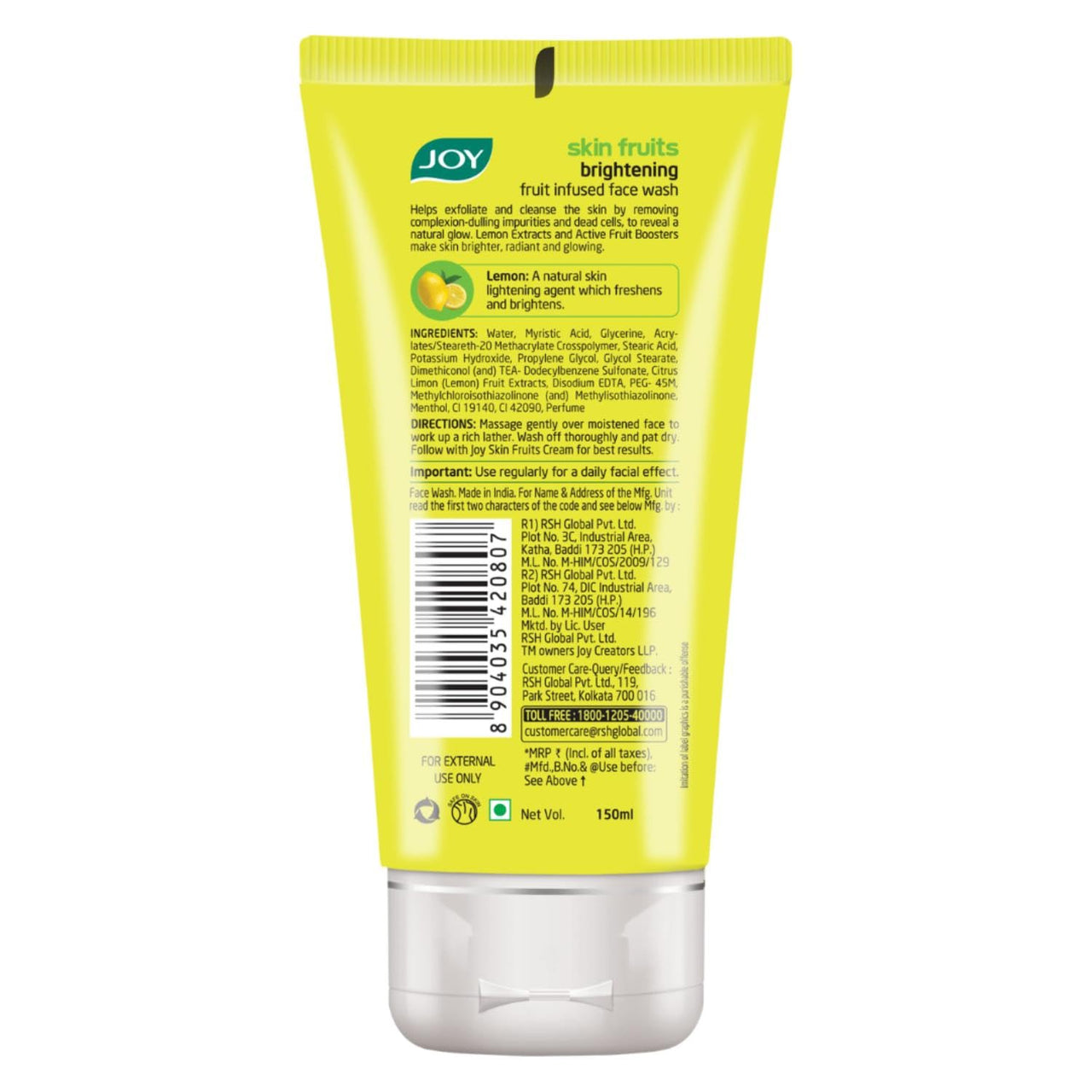 Joy Skin Fruits Lemon Brightening Face Wash 100ml x2 | with Vitamin C for Glowing Skin | Reduces Dark Spots, Removes Excess Oil & Dirt | For Normal to Oily Skin