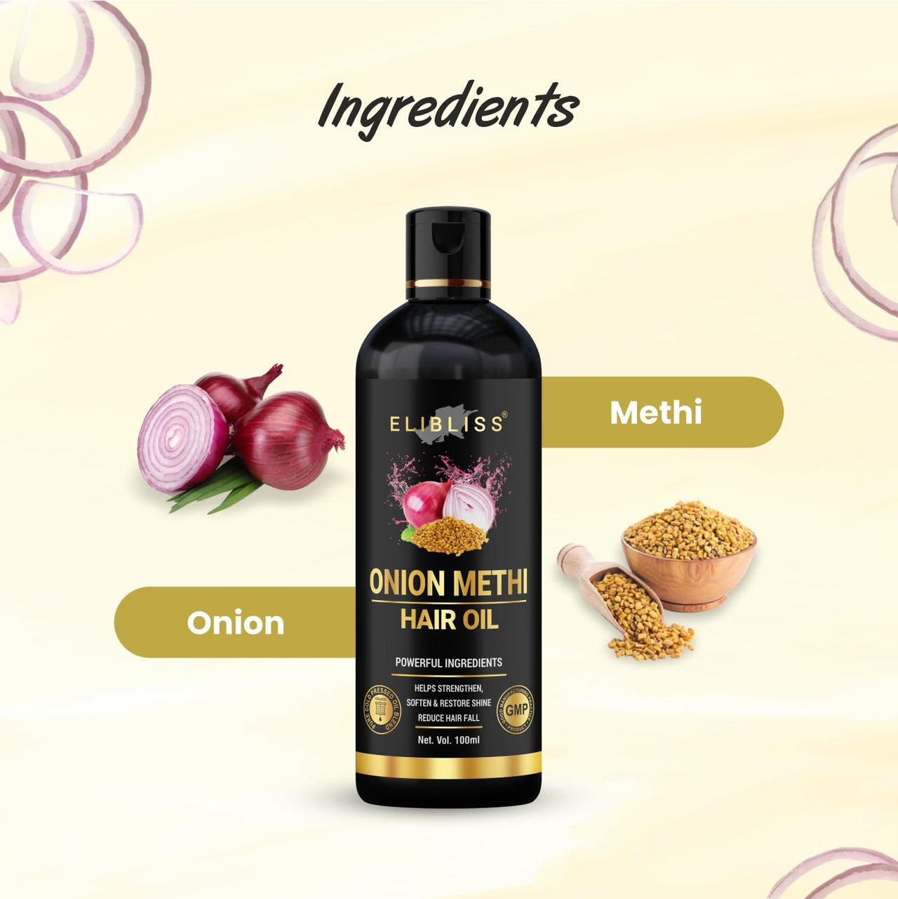 Elibliss Onion Methi Hair Oil for Hair Growth & Hair Fall Control, Enriched with Fenugreek, Red Onion & Natural Oils, Strengthens Roots, Reduces Breakage, Adds Shine, Promotes Healthy Scalp – 100ml