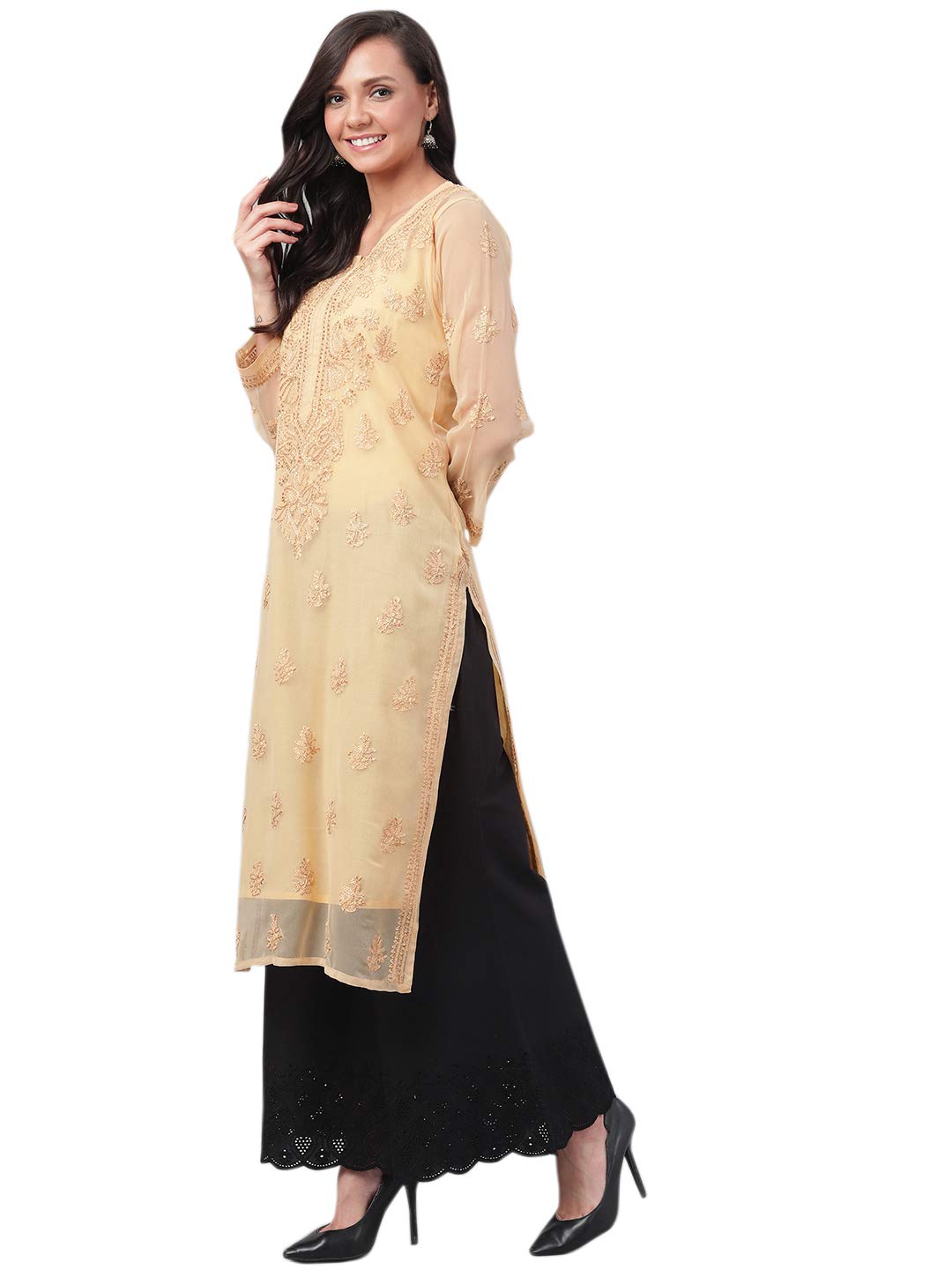 Ada Lucknowi Hand Embroidered Chikankari Women's  Georgette Kurta Kurti with Slip