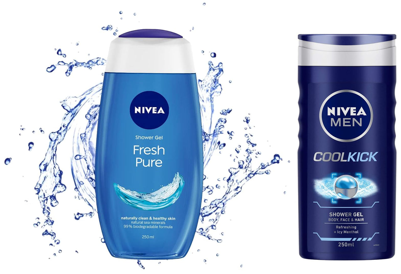 Nivea Men Shower Gel, Cool Kick Body Wash, 250ml & Shower Gel, Fresh Pure Body Wash, 250ml