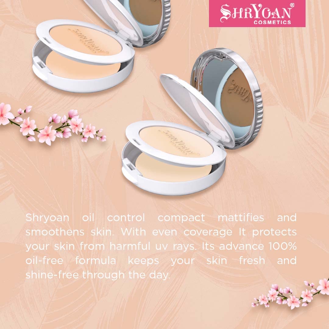 Shryoan 2 in 1 Oil Control Compact Powder| Hides Imperfections, Blends Effectively, Matte Finish With Soft & Silky texture and Pressed Powder for All Skin Types (23g) Shade 02