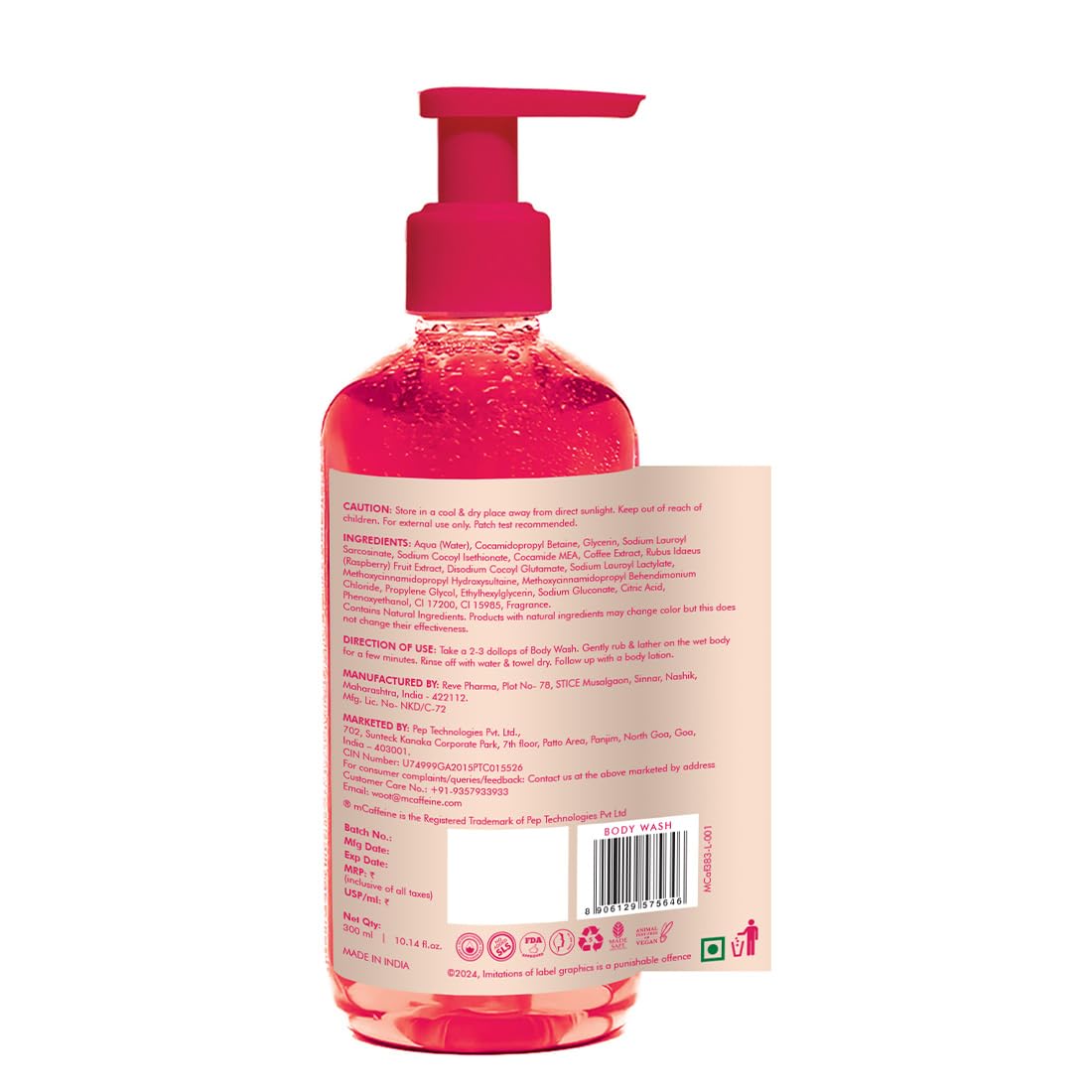 mCaffeine Brightening Body Wash - 300 ml with Fruity Raspberry Fragrance | De-Tans & Deep Cleanses with Vitamin C Rich| 5% Glycerin for Hydrated & Soft Skin | Fragrance Shower Gel for women and men