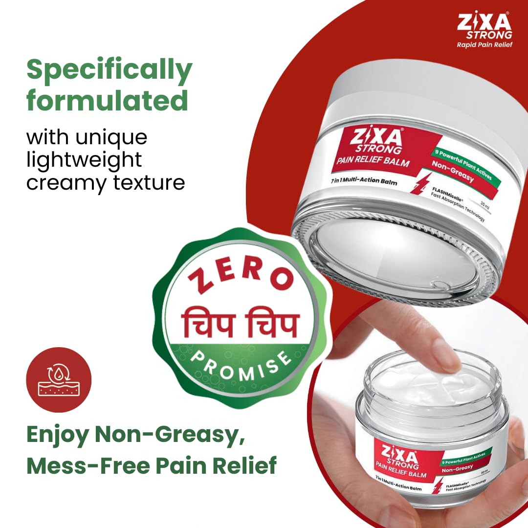 ZIXA Strong Pain Relief Balm - Non-Greasy Cream, 7-in-1 Multi-Action Formula with Aromatherapy | Fast-Absorbing | Natural with Micelle Technology for Headache, Joint, Muscle, and Back Pain | 30ml (Pack of 1)