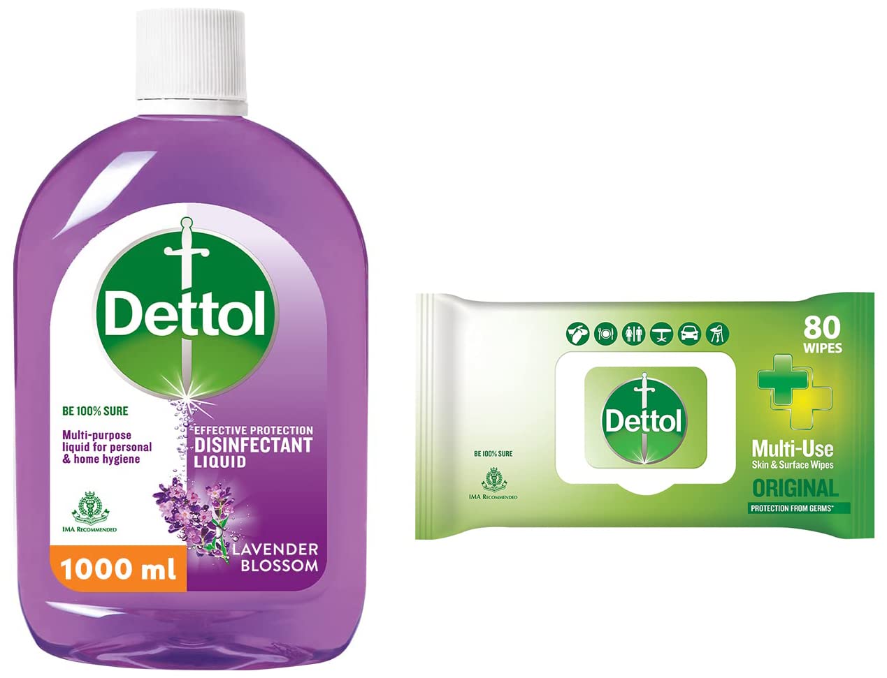 Dettol Liquid Disinfectant for Floor Cleaner (Lavender Blossom, 1L) & Dettol Disinfectant Sanitizer Wet Wipes for Skin & Surfaces, Original – 80 Count