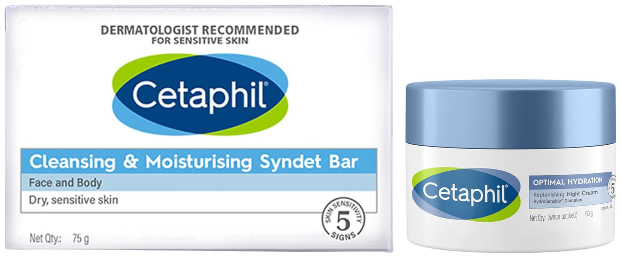 Cetaphil Optimal Hydration Replenishing Night Cream 50g | Lightweight & Fast Absorption | Hyaluronic Acid, Blue Daisy Extract, Niacinamide VVF India Cleansing And Moisturising Syndet Bar, 75g