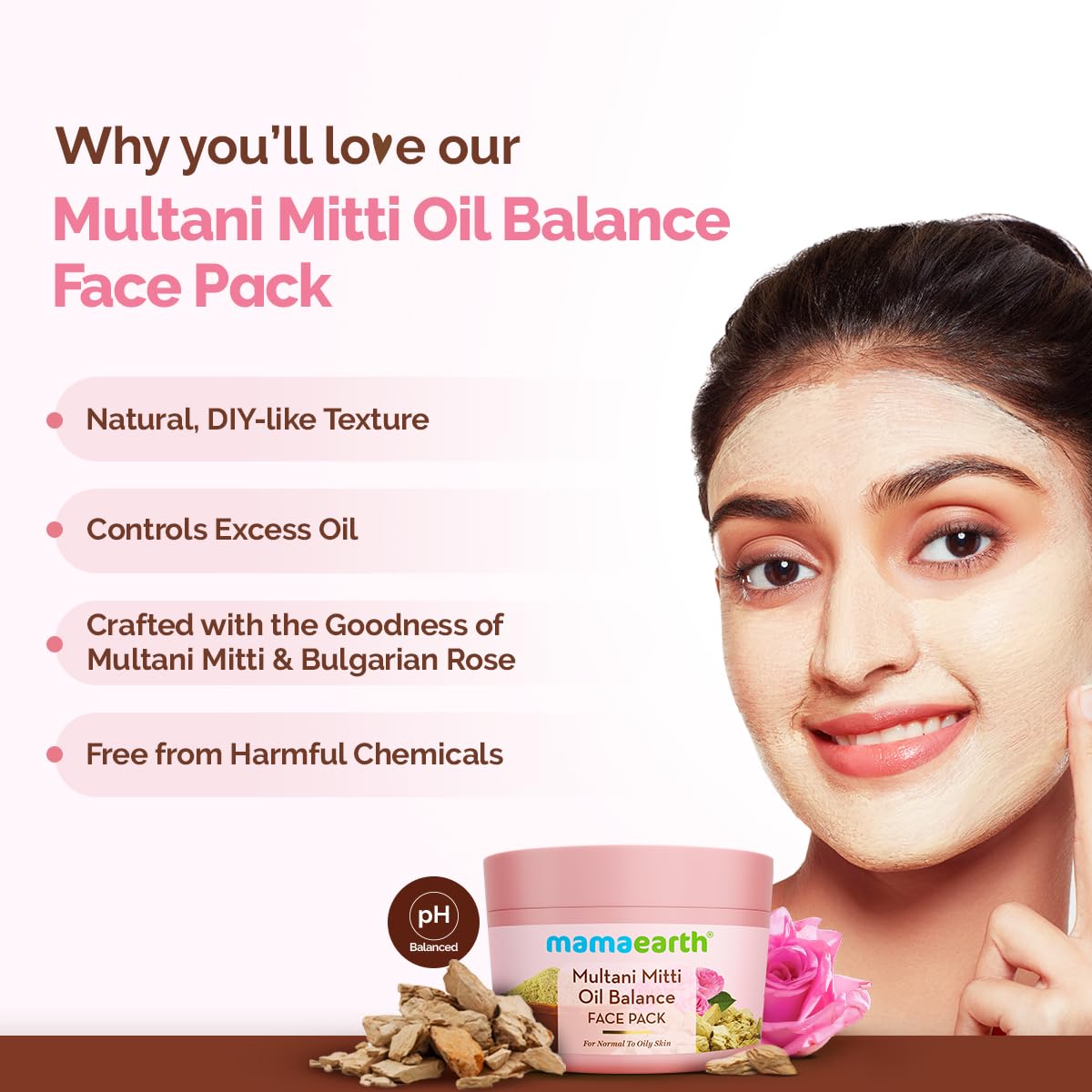 Mamaearth Multani Mitti Oil Balance Face Pack with Multani Mitti & Bulgarian Rose for Normal to Oily Skin 200g | DIY-like Texture | Controls Oil & Acne | Clay Face Mask | Free From Harmful Chemicals
