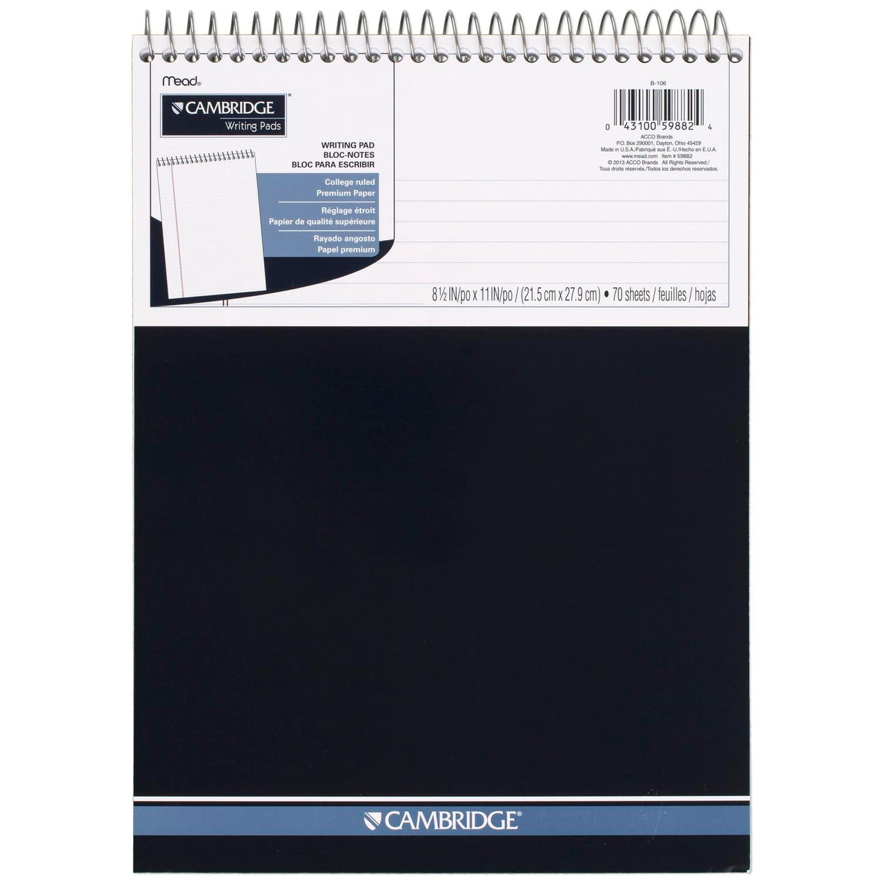 Cambridge Notebook, Business Notebook, 8-1/2" x 11", 70 Sheets, College Ruled, Top Wirebound, Navy (59882)