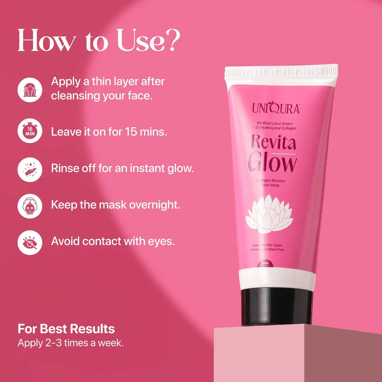 Uniqura 2% Niacinamide & 1% Hydrolyzed Collagen Clay Mask Overnight Korean for Instant Glow | De-Tan Face Mask for Glowing Skin | Clay Mask for Deep Cleansing & Tan Removal | Enhance Elasticity & Improve Texture | 50g