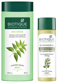 Biotique Bio Bhringraj Fresh Growth Therapeutic Oil, 120ml & Biotique Bio Neem Margosa Anti Dandruff Shampoo and Conditioner, 180ml