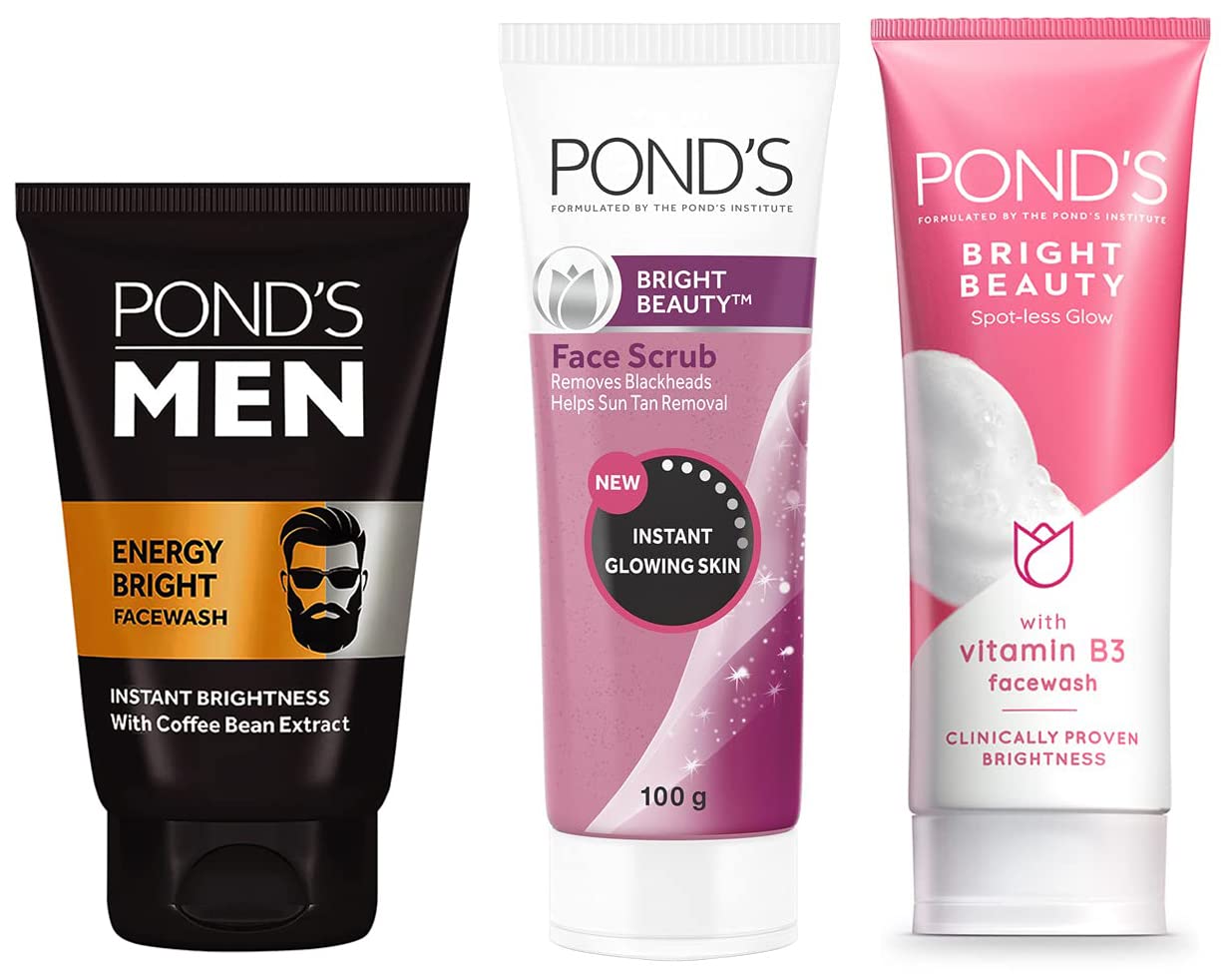 POND's Bright Beauty Spot-less Glow Face Wash, 200g & POND's Men's  Energy Bright Face Wash Coffee Beans Bright Skin, 100g & Pond's  Bright Beauty Sun Dullness Removal Daily Facial Scrub 100 g
