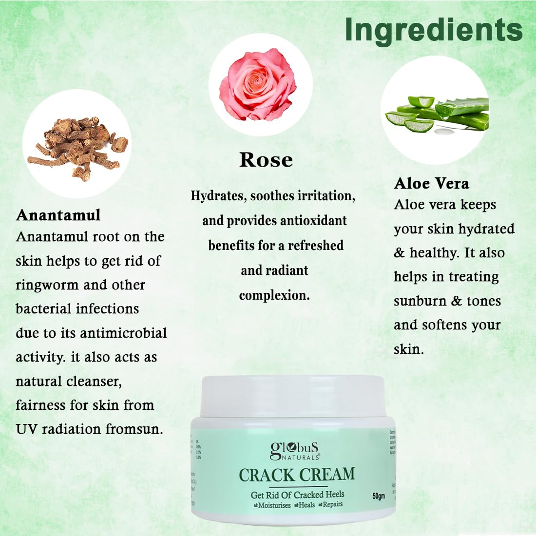 Globus Naturals Crack Cream for Dry Cracked Heels & Feet Enriched with Aloevera, Neem, Anantmool 50g