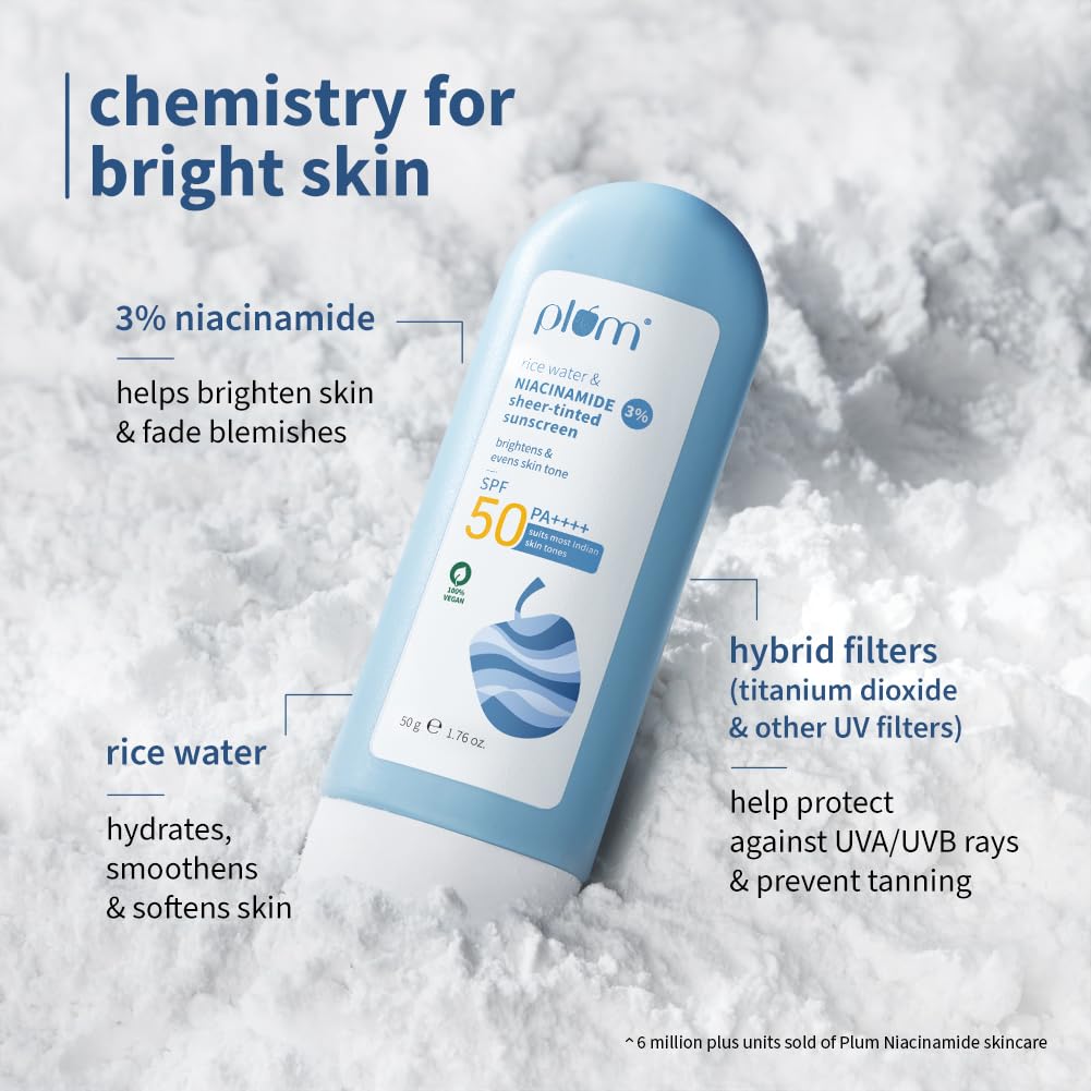 Plum Rice Water & 3% Niacinamide Sheer-Tinted Sunscreen SPF 50 PA++++ | Suitable for Most Indian Skin Tones | Sheer Coverage | Non-Oily | Women | Fragrance-free | 100% Vegan | 50gm